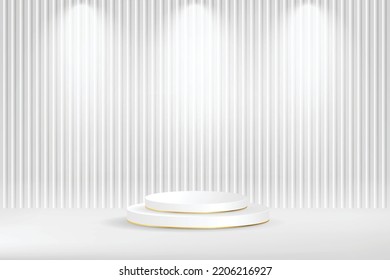 Podium abstract background. Geometric shape.white colors scene. Minimal 3d rendering. Round podium illuminated by spotlights. Stock vector illustration image.