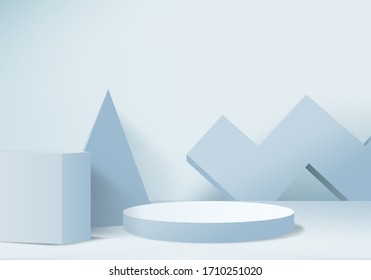 Podium in abstract blue composition, 3d render, 3d illustration, Background mockup 3d Blue with podium and minimal wall scene, Stage mockup abstract geometric shape blue pastel color.