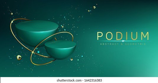 Podium, abstract geometric empty hemisphere stage for award ceremony, product presentation platform, pedestal with golden rings and pearls on green background with sparkles, Realistic 3d vector banner