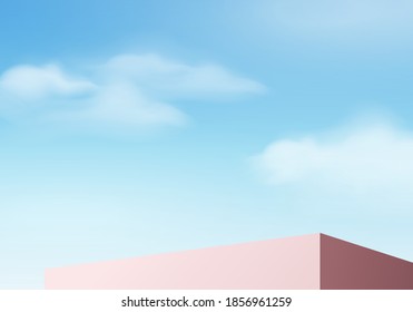 Podium abstract minimal scene with geometric platform. Summer cloud background vector 3d rendering with podium. stand to show cosmetic products. Stage Showcase on pedestal modern 3d studio blue sky