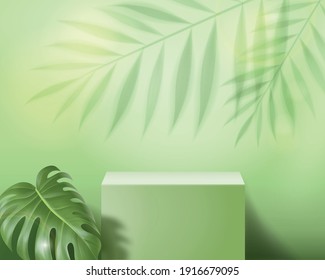 Podiumabstrakte Minimalszene auf pastellgrünem Hintergrund Vektor 3d-Illustrationsphase auf dem Podest mit Palmblättern. Für die Aufmachung des kosmetischen Mittels oder für die Probeentnahme.