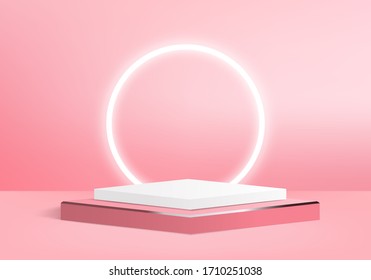 Podium in abstract pink color composition, 3d render, 3d illustration, Background mockup 3d pink with podium and minimal Orange wall scene, state mockup abstract geometric shape pink pastel color.