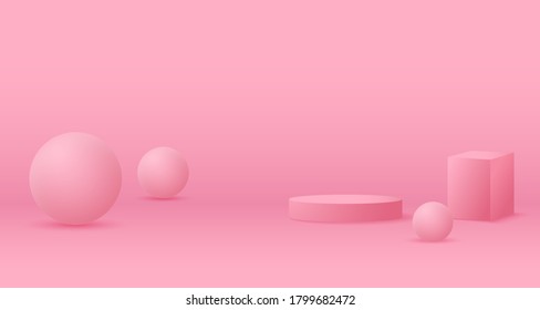 Podium in abstract pink composition, 3d render, Vector 3d illustration, Background mockup 3d pink with podium and minimal light wall scene, Stage mockup abstract geometric shape pink pastel color.