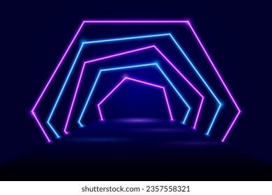 Podium with arches with neon lighting for displaying goods, mega sales, discounts, promotions, Black Friday, Cyber Monday.