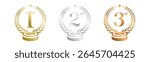 Podium Award Winner Set Vector Illustration. Figures 1, 2, 3 In A Realistic Gold Silver Bronze with Laurel Wreath . Competition Game Concept. Isolated on white