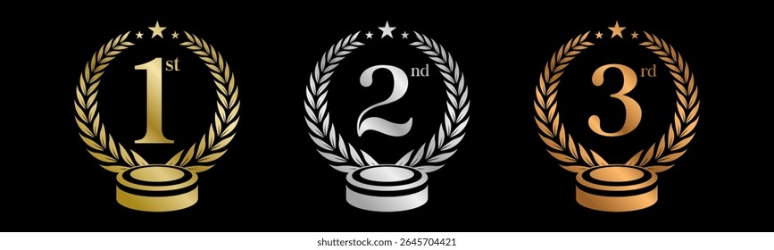 Podium Award Winner Set Vector Illustration. Figures 1, 2, 3 In A Realistic Gold Silver Bronze with Laurel Wreath . Competition Game Concept. Isolated on black