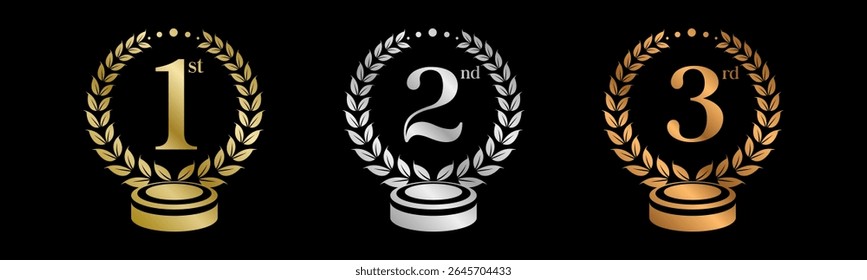 Podium Award Winner Set Vector Illustration. Figures 1, 2, 3 In A Realistic Gold Silver Bronze with Laurel Wreath . Competition Game Concept. Isolated on black