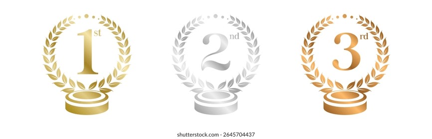 Podium Award Gewinner Set Vektorgrafik. Abbildungen 1, 2, 3 in einer realistischen Gold Silber Bronze mit Lorbeerkranz . Wettbewerbsspielkonzept. Einzeln auf Weiß