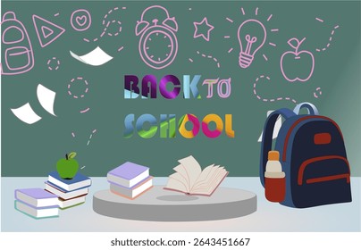 Podium backdrop for back to school. 3D platform for displaying stationery supplies. Welcome layout with rainbow colors and books for presentation