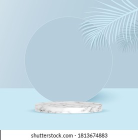 Podium backdrop with empty cube box with tropical leaf for cosmetic product display. fashion beauty vector blue background with marble stone texture,illustration EPS10