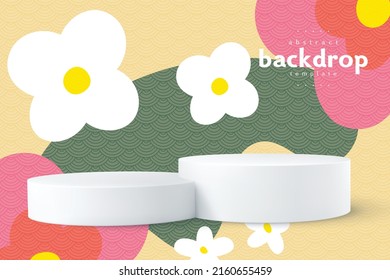 podium backdrop with floating flower on oriental wave can be use for technology product advertisement presentation package design food and beverage label