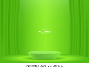 Podium backdrop scene for mockup product display.Stage showcase with green geometric frame vector illustration.