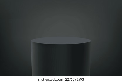 Podium background, black pillar column or product display, vector 3d stand. Podium stage or cylinder base platform and realistic pillar pedestal for product showroom or presentation display