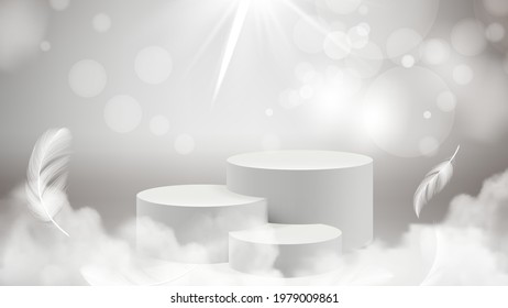 Podium background. Grey realistic stand, clouds and shine elements. Winner pedestal vector illustration