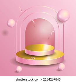 fondo de podio con plataformas geométricas ovales y un arco en el fondo. Representación 3d del vector de fondo de verano con podio. apoyar la demostración de productos cosméticos. 