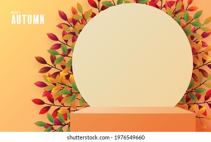 Podium background products with geometric forms
autumn holiday seasonal background with colorful autumn leaves, mushrooms, owls, golden pods, squirrels, and elements paper cut craft style.