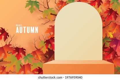 Podium background products with geometric forms
autumn holiday seasonal background with colorful autumn leaves, mushrooms, owls, golden pods, squirrels, and elements paper cut craft style.