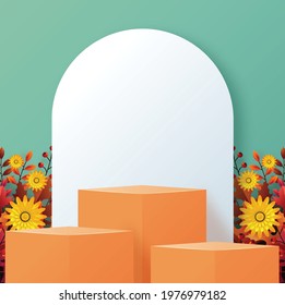 Podium background products with geometric forms autumn holiday seasonal background with colorful autumn leaves, mushrooms, owls, golden pods, squirrels, and elements paper cut craft style.