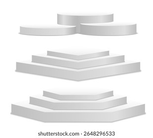 Podium background. Round white platform with cylindrical shape and spotlight effect. 3d display stand for product showing, exhibition or competition scene in abstract circular geometric setting.


