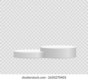 Podium background. Round white platform with cylindrical shape and spotlight effect. 3d display stand for product showing, exhibition or competition scene in abstract circular geometric setting.

