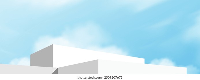Podium Background With Sky Platform For Product 3D Cloud, Blue Cosmetic Summer Display, Minimal White Abstract Building, Spring Product Showcase, Modern Mockup, Advertising Template And Copy Space