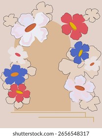Podium, background for text, product, presentation, character. House threshold, frame of large decorative abstract flowers. Pastel colors.