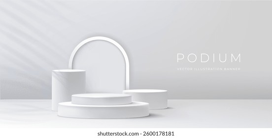 Podium background. White stand, 3D platform display, stage pedestal different forms. Cylinder with minimal shadow with arch. Base mockup wall, studio scene. Banner template. Vector room showcase