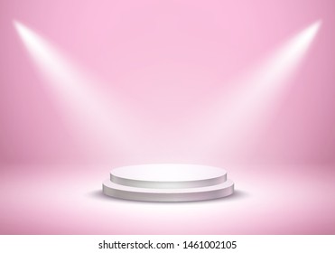 Podium And Beams On Pink Studio Room Background. Realistic White Circle Plinth, Pillar, Pedestal Or Display Stage. Vector Prize Empty Podium Platform Stand With Projector Lights.