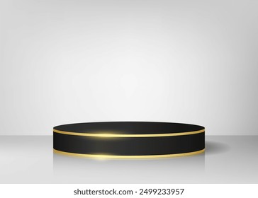 Podium black color with gold edging on white and gray background