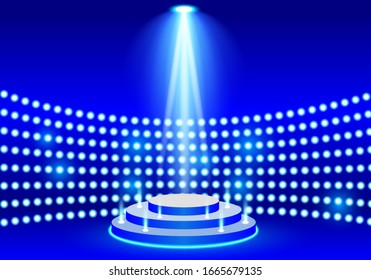 podium with blue background and sparkling blue lights