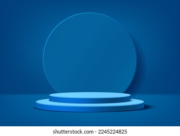 Podium with blue cylindrical pedestal. Dark blue minimal wall scene. Circular background. Abstract modern vector 3d shape for product presentation.