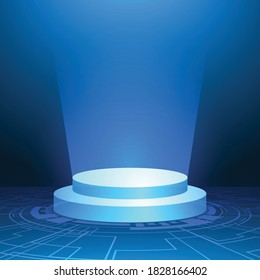 podio con luz azul, fondo azul mínimo, forma geométrica, placa de circuito digital de tecnología
