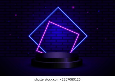 Podium con luces de neón azules y violetas sobre un fondo de pared de ladrillo, perfecto para promociones, ventas, descuentos, escaparates de productos y ventas de refuerzo para viernes negro.