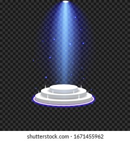 Podium mit blauen Scheinwerfern und strahlend blauem Licht