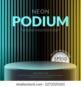 Podium with blue and yellow neon light isolated on black background. Vector illustration