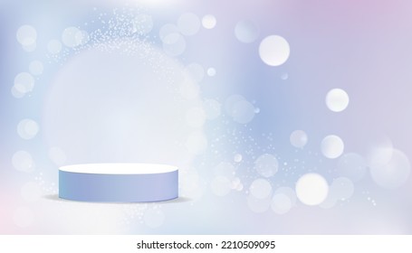 Podium with Bokeh and abstract background . Realistic vector illustration . Trendy empty podium display for cosmetic product presentation.