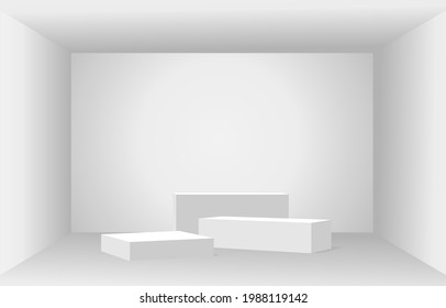 Podium  box geometry shape stand scene and winner pedestal in studio on gray or white background.vector illustration.