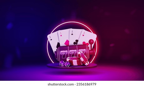 A podium with cards, chips and dice for poker, a slot machine for playing in a casino. A platform with a neon shiny frame on a blue-pink background.