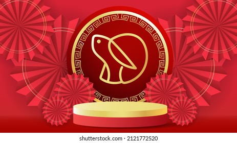 Podium with Chinese elements in new year 2023 , year of the rabbit on red background, for online content, illustration Vector EPS 10