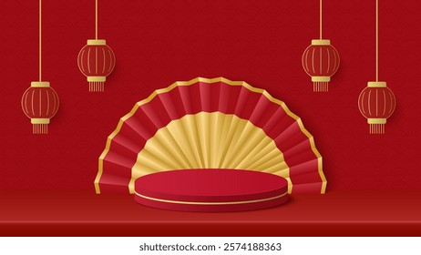 Podium chinese new year. Red Podium for product display presentation with paper fan on red background. Podium platform to show product with hanging lanterns