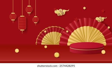 Podium chinese new year. Red Podium for product display presentation with paper fan on red background. Podium platform to show product with hanging lanterns