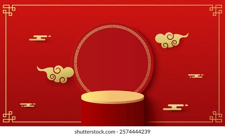 Podium chinese new year. Red Podium for product display presentation with round circle shape on red background. China new year frame