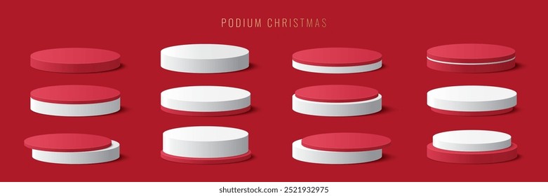 Podium Christmas. Collection of Red and white podium platform to show product on red background. Podium for product display presentation. Merry christmas background