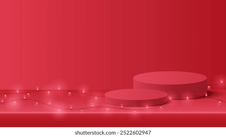 Podium Christmas. Podium for product display presentation with round circle shape. Podium platform to show product on red background. Merry Christmas background