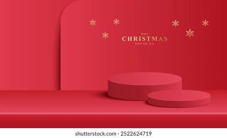 Podium Weihnachten. Podium für Produktpräsentation mit runder Kreisform. Podiumsplattform, um das Produkt auf rotem Hintergrund zu zeigen. Frohe Weihnachten Hintergrund