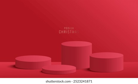 Podium Christmas. Podium for product display presentation with round circle shape. Podium platform to show product on red background. Merry Christmas background