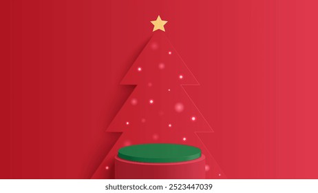 Podium Christmas. Red Podium for product display presentation with christmas tree. Podium platform to show product on red background. Merry Christmas background