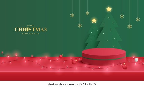 Podio Navidades. Podio rojo para la presentación de la exhibición del producto con el árbol de navidad. Plataforma de podio para mostrar el producto sobre fondo verde. Descargar el fondo de pantalla Merry Navidades