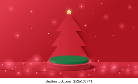Podium Christmas. Red Podium for product display presentation with christmas tree. Podium platform to show product on red background. Merry Christmas background