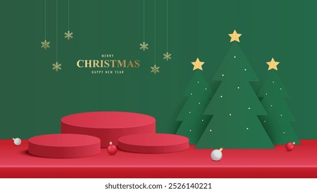 Podium Christmas. Red Podium for product display presentation with christmas tree. Podium platform to show product on green background. Merry Christmas background